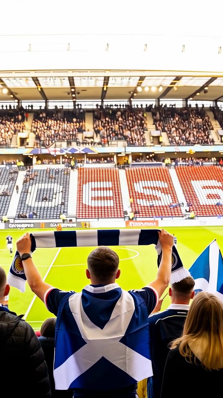 Vertikal video: Man höjer blåvit halsduk, man bär skotska flaggan på stadion som stöder laget vid avspark.