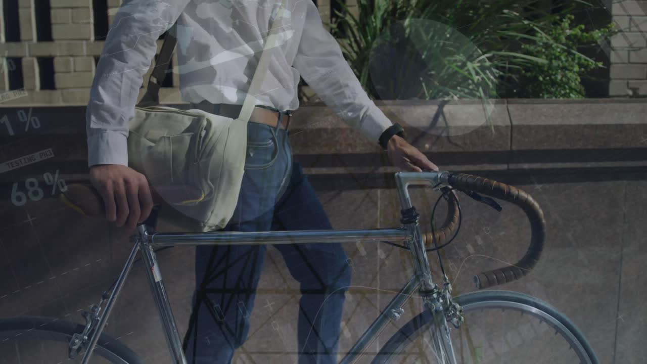 인포그래픽 인터페이스의 애니메이션, 기둥, 자전거를 타고 는 백인 남자의 중간 부분