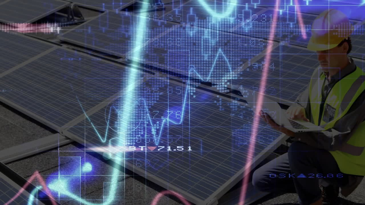 Technician kneeling beside solar panels using laptop monitoring energy data with floating graphs