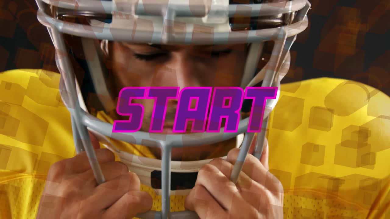 Adjusting helmet, football player with START text overlay in bold pink letters