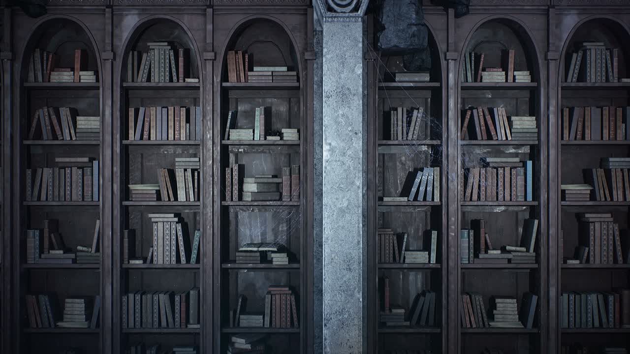 오래된 책과 거미줄로 인 책장을 가진 고대 중세 도서관. 없이 루핑 된 애니메이션은 판타지, 마법 또는 역사적 배경을위한 것입니다.