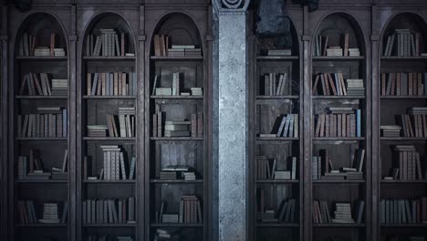 una antigua biblioteca medieval con libros antiguos y estanterías cubiertas de telarañas. la animación de bucle sin fisuras es para fondos de fantasía, mágicos o históricos.