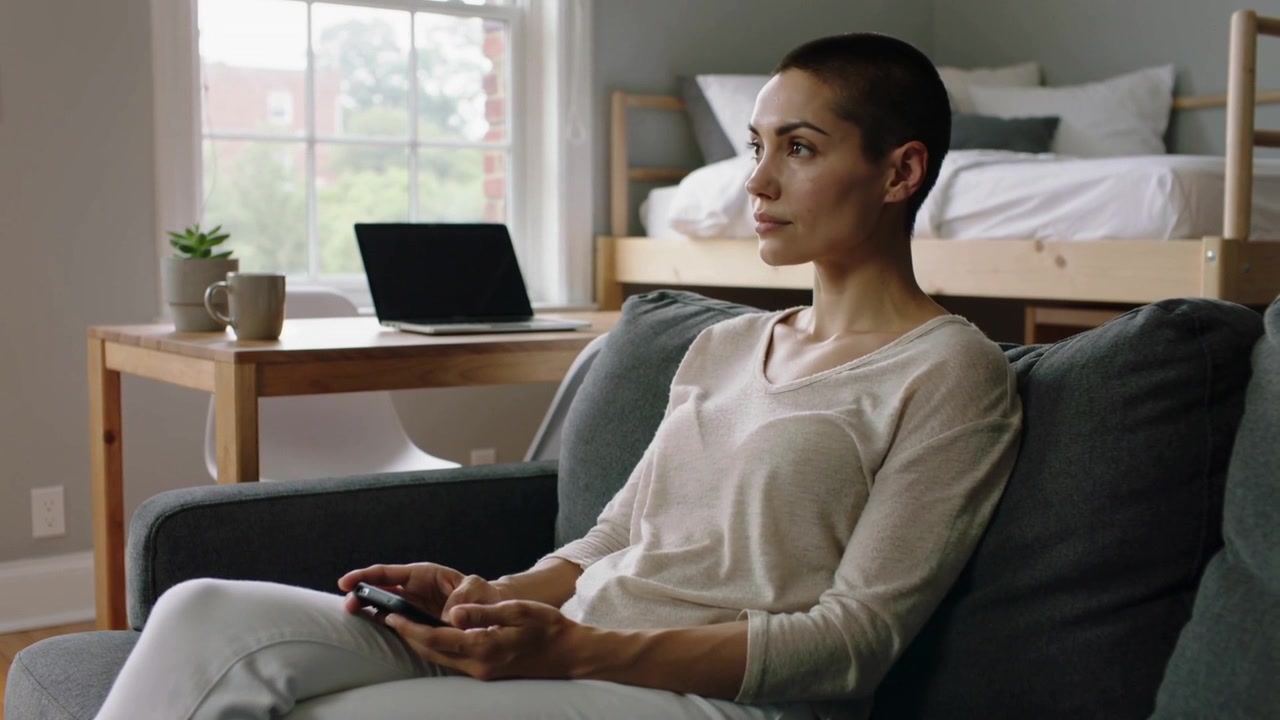 Looking down at smartphone, woman wearing pale top scrolling on dark-gray couch in studio apartment
