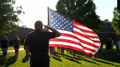 a solemn salute: honoring the flag against a glorious sunrise, a patriotic moment captured with deep respect and unity among gathered individuals