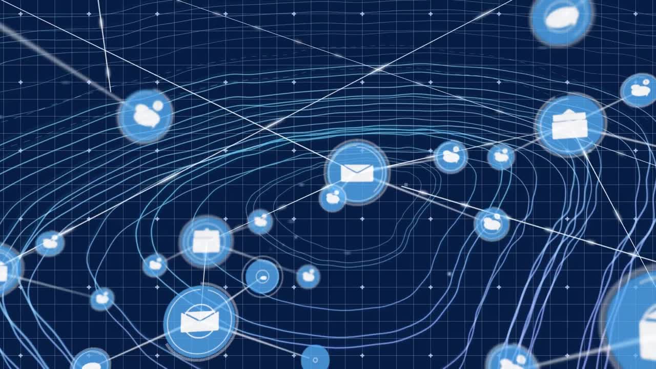 анимация сети соединений с иконками по сетке