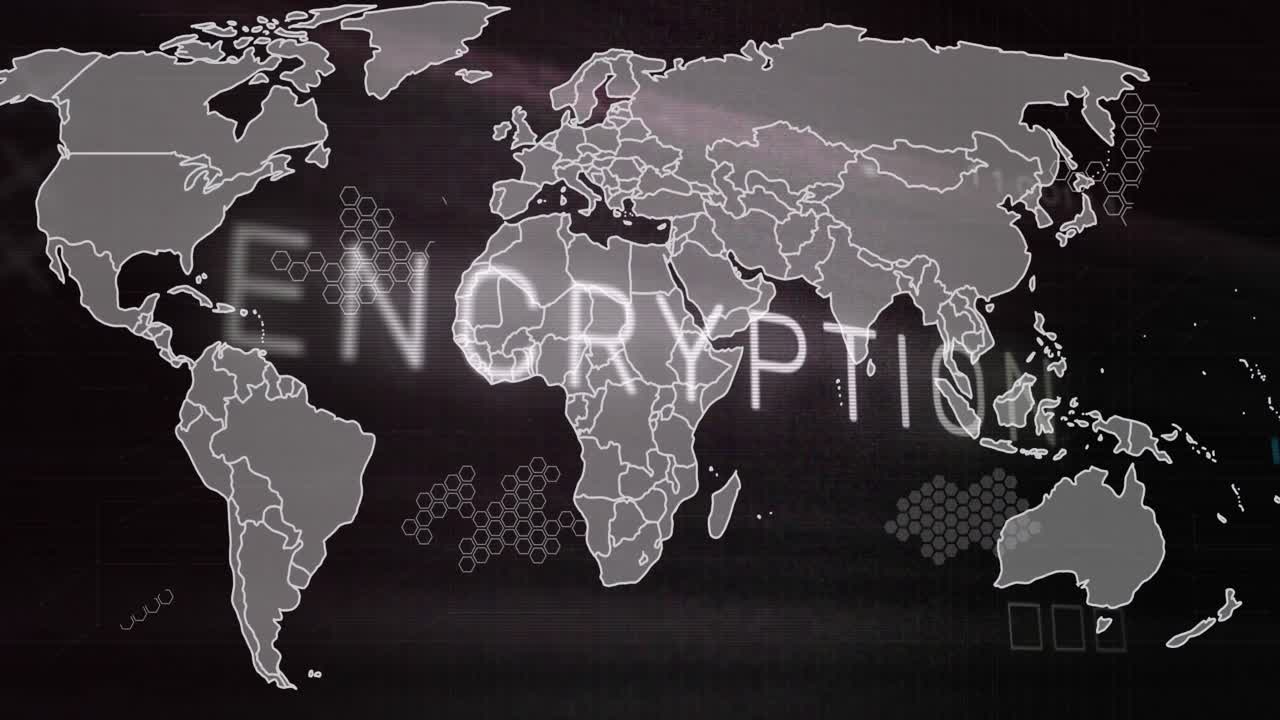 추상적인 배경에 대한 지도 위의 회로판 패턴과 함께 암호화에 대한 x 기호의 애니메이션