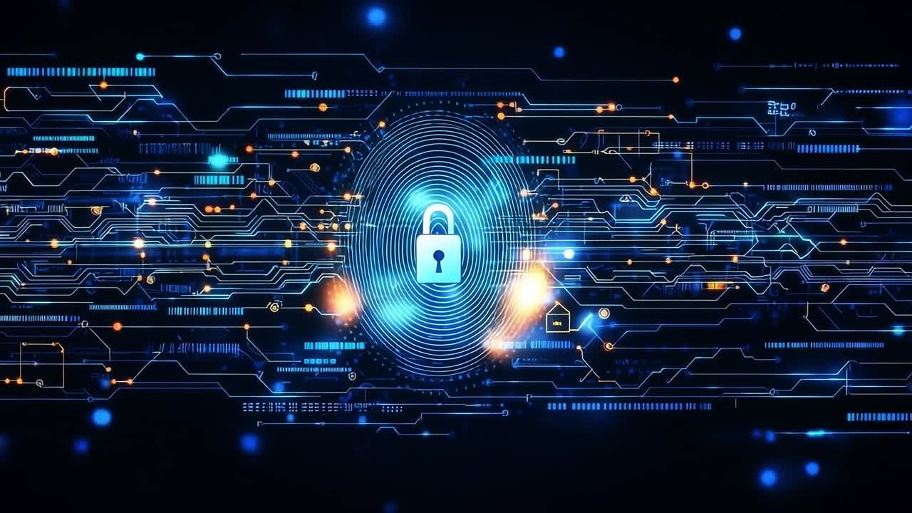 Secure digital lock network. A digital network featuring a lock symbol on a fingerprint background, highlighting data security and encryption.