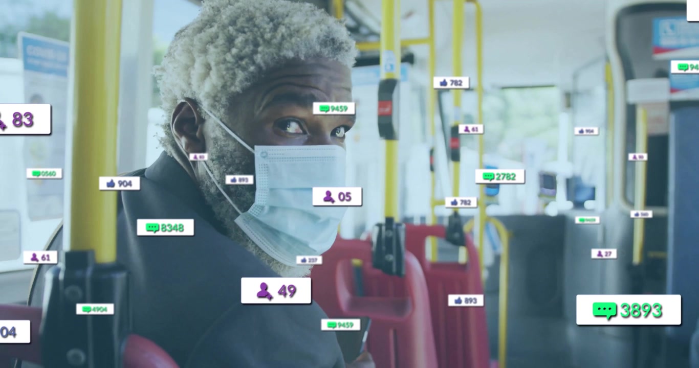 Commuter tapping smartphone monitoring animated social media metrics spiking while pulling mask