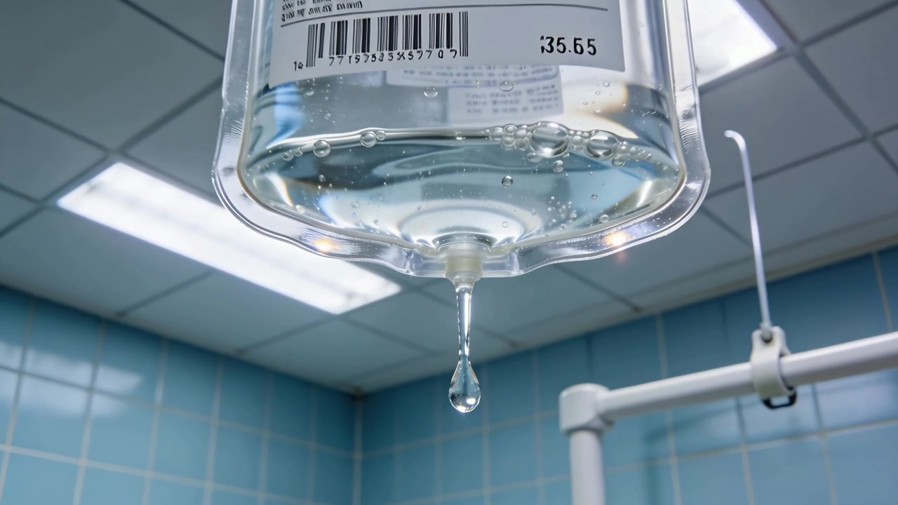 Formazione di una goccia su una camera di gocciolamento IV trasparente, sacca per infusione che rilascia liquido in clinica per il trattamento