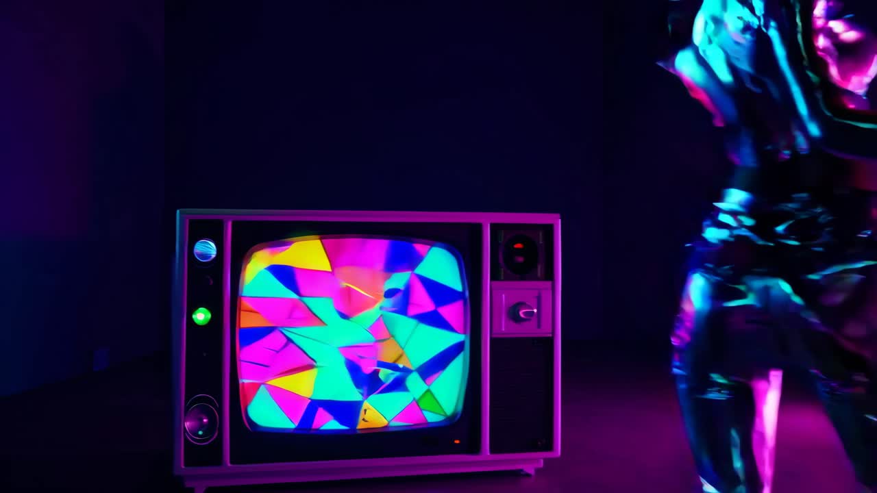 mujer bailando en un traje metálico, luces de neón, y un televisor de época