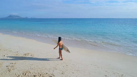 female surfer with surfboard walking in the beach 4k