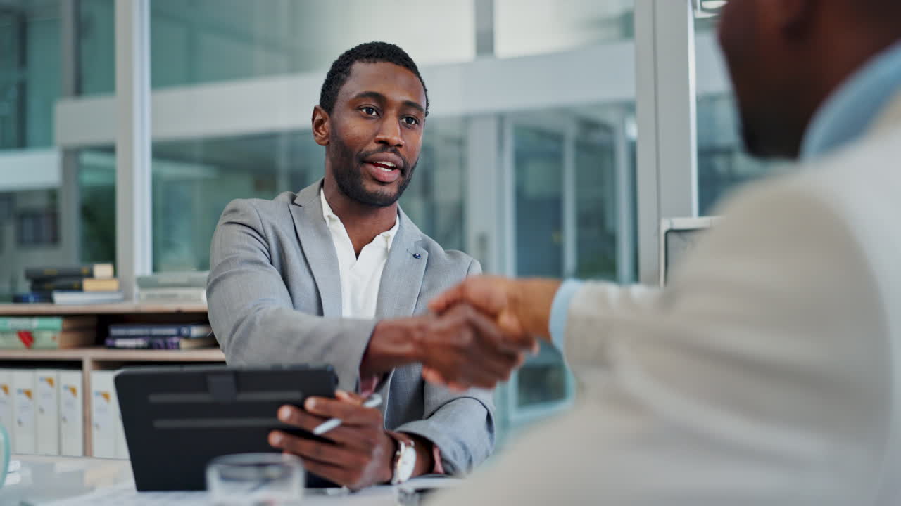 Agreement, partnership and business men handshake
