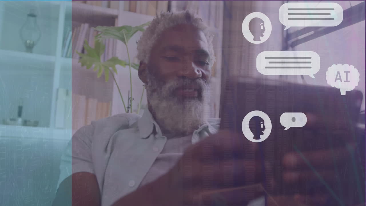 Animazione di un uomo afroamericano che usa un tablet su una chat AI digitale