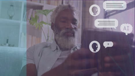 animación de un hombre afroamericano usando una tableta a través de un chat de ia digital