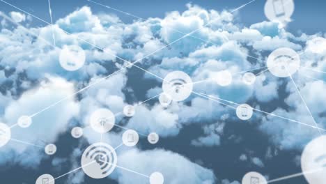 Animation-of-network-of-connections-with-icons-over-clouds-on-sky