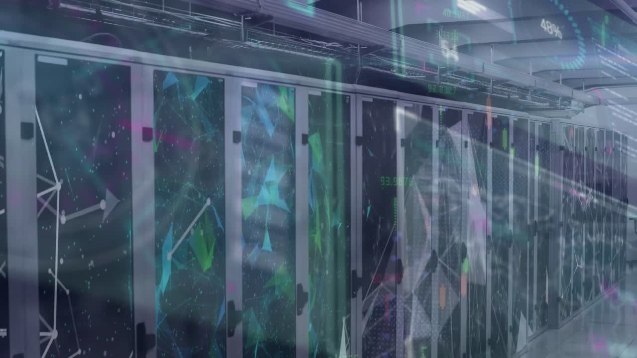 Animation of interface with data processing against plexus networks over computer server room