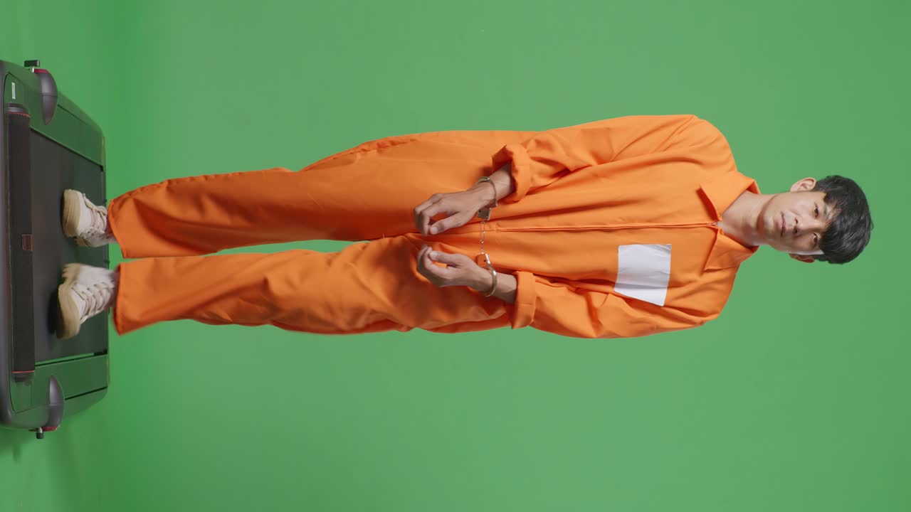 녹색 화면 배경에서 걸어가는 수갑에 인 아시아 남성 죄수의 몸이 가득 차 있습니다.