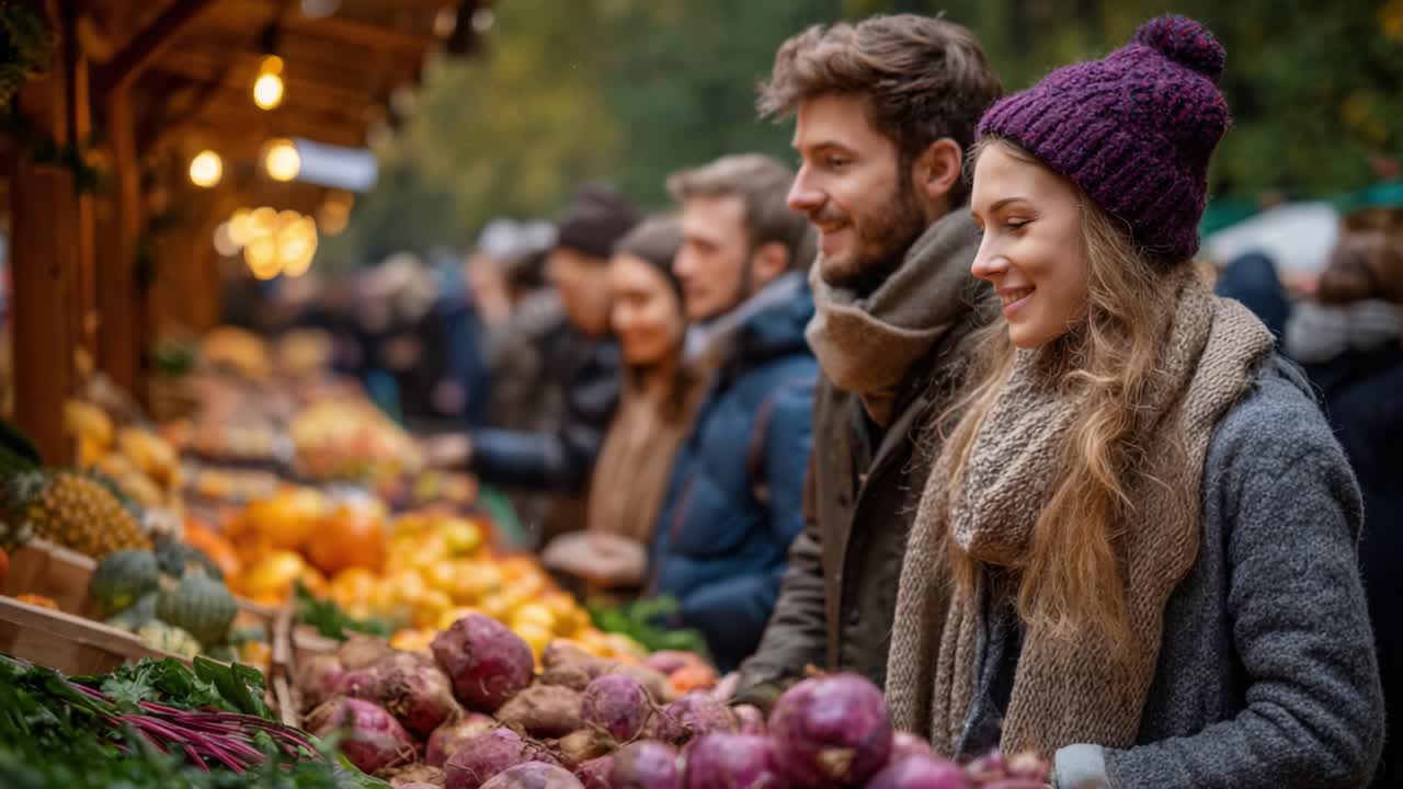 A Delightful Day at the Market: A Couple Enjoys Fresh Produce and Vibrant Colors While Exploring a Local Farmer's Market in Autumn