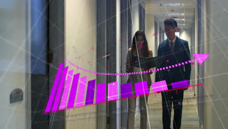 business data analytics animation over colleagues walking in office hallway