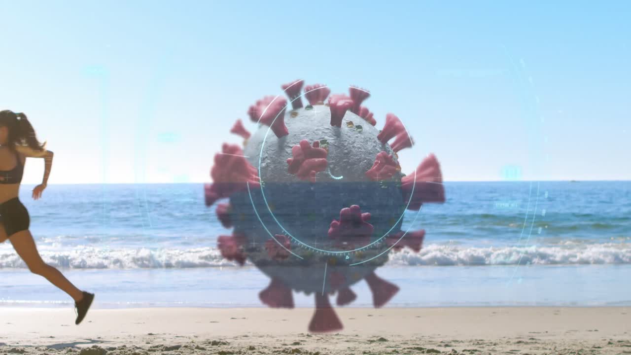video compuesto digital de escaneo de células de covid-19 contra una mujer corriendo en la playa