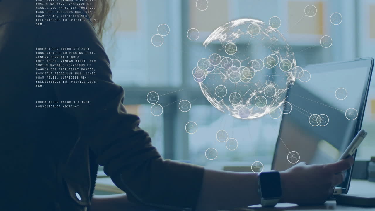 Animation of digital data processing and globe over caucasian businesswoman using laptop