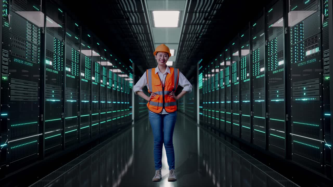 Full Body Of Asian Female Engineer Wearing Safety Helmet Looking At Camera While Standing With Arms Akimbo in Server Room Data Center