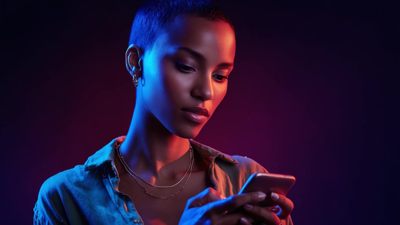 Captivating Woman Engrossed in Her Smartphone Amidst Vibrant Neon Lights, Radiating Elegance and Modernity in a Stylish, Intimate Setting