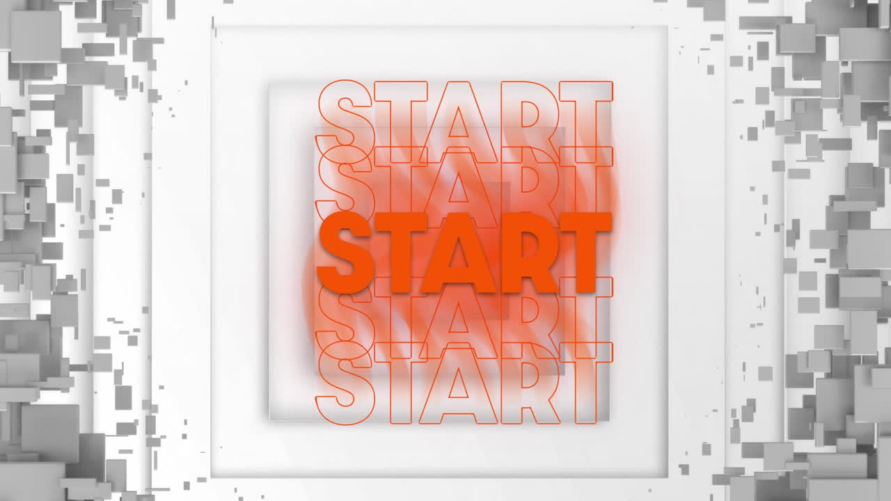 animación del texto de inicio sobre cuadrados móviles blancos