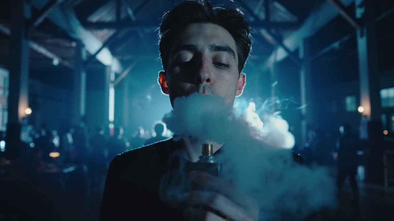 Raising vaporizer, male in dark jacket vaping vapor at event in industrial hall with blue backlight