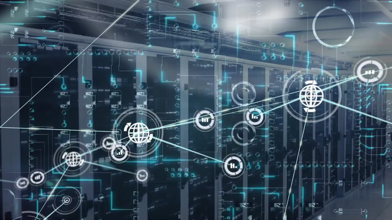 Animation of network of connections with icons over servers