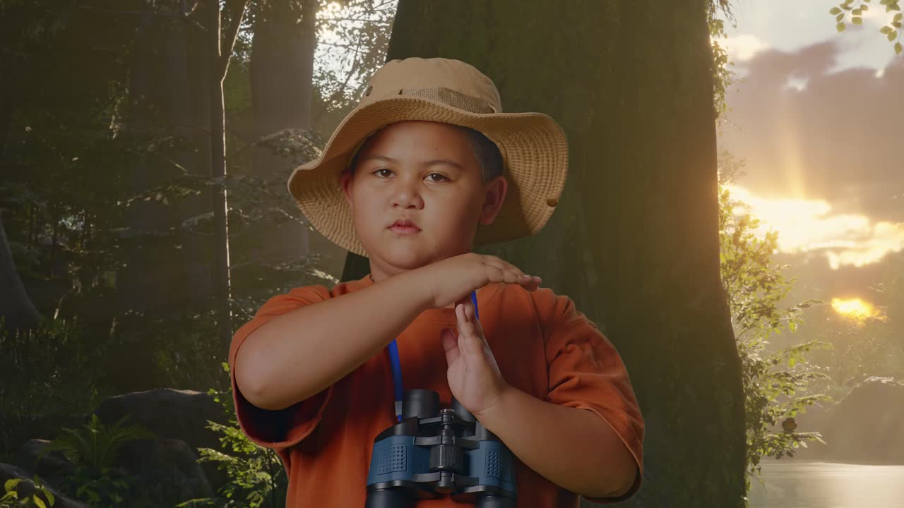 모자와 안경을 쓴 아시아 소년은 숲의 자연을 탐험하는 동안 타임아웃 제스처를 보여주며 머리를 흔들고 있습니다. 소년 연구자, 여행 관광 모험 개념, 클로즈업