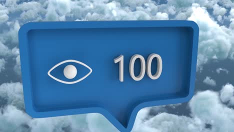 Animation-of-eye-icon-with-numbers-on-speech-bubble-over-sky-and-clouds