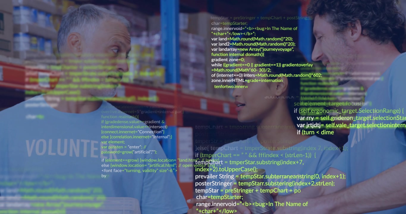 Volunteer lifting plastic bin and starting can sorting in charity hub with animated code overlay