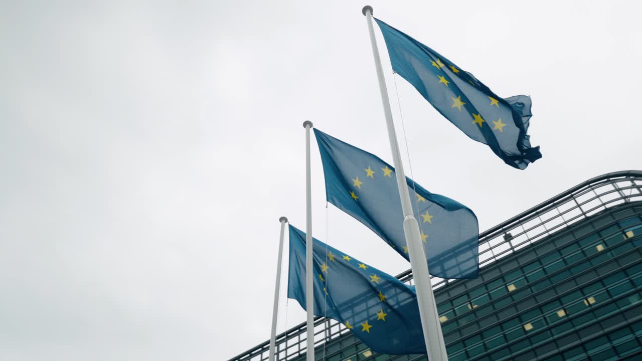 European Union Flags Fluttering Outside The European Parliament Building In Strasbourg, France. Low Angle Shot