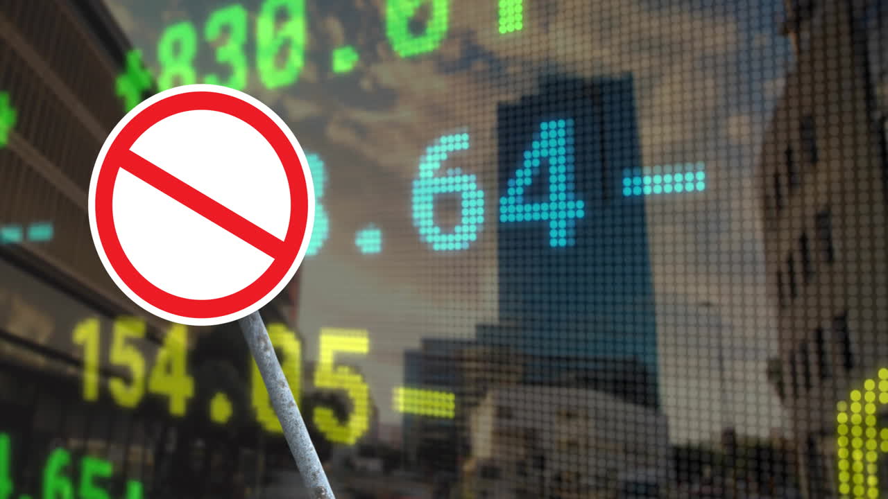 금융 데이터 처리의 애니메이션 (no entry road sign and city)