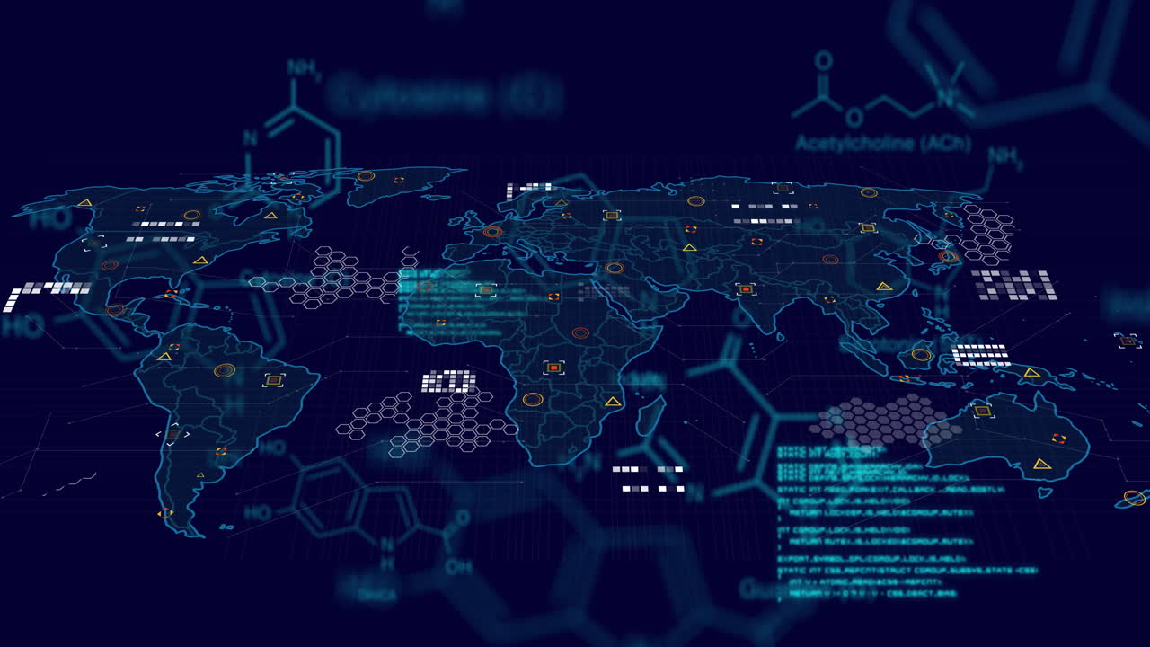 Animation of scientific data processing and world map over dark background