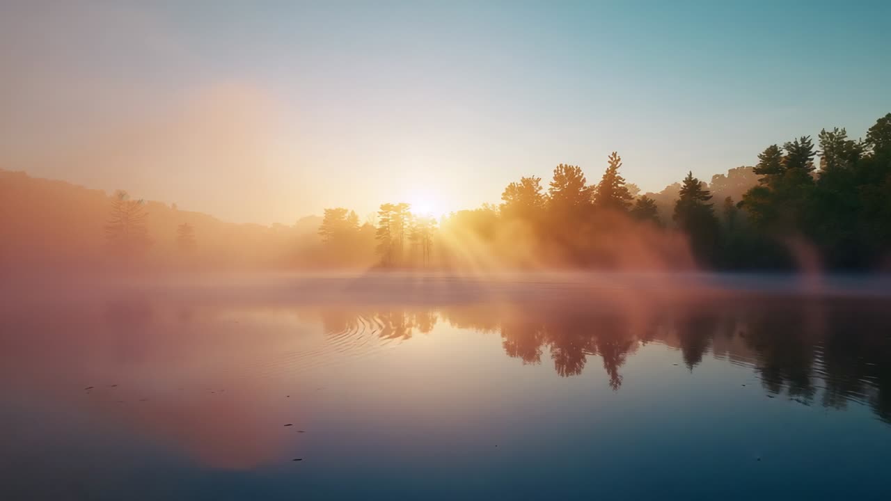 Opening misty lake scene at dawn, rising sun climbing through fog, illuminating conifer reflections