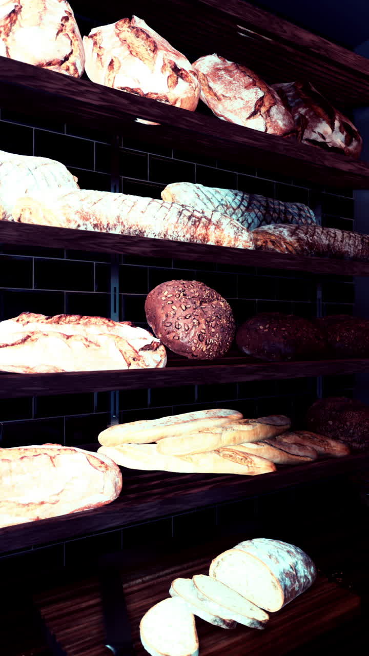 A bakery shelves stocked with fresh bread loaves