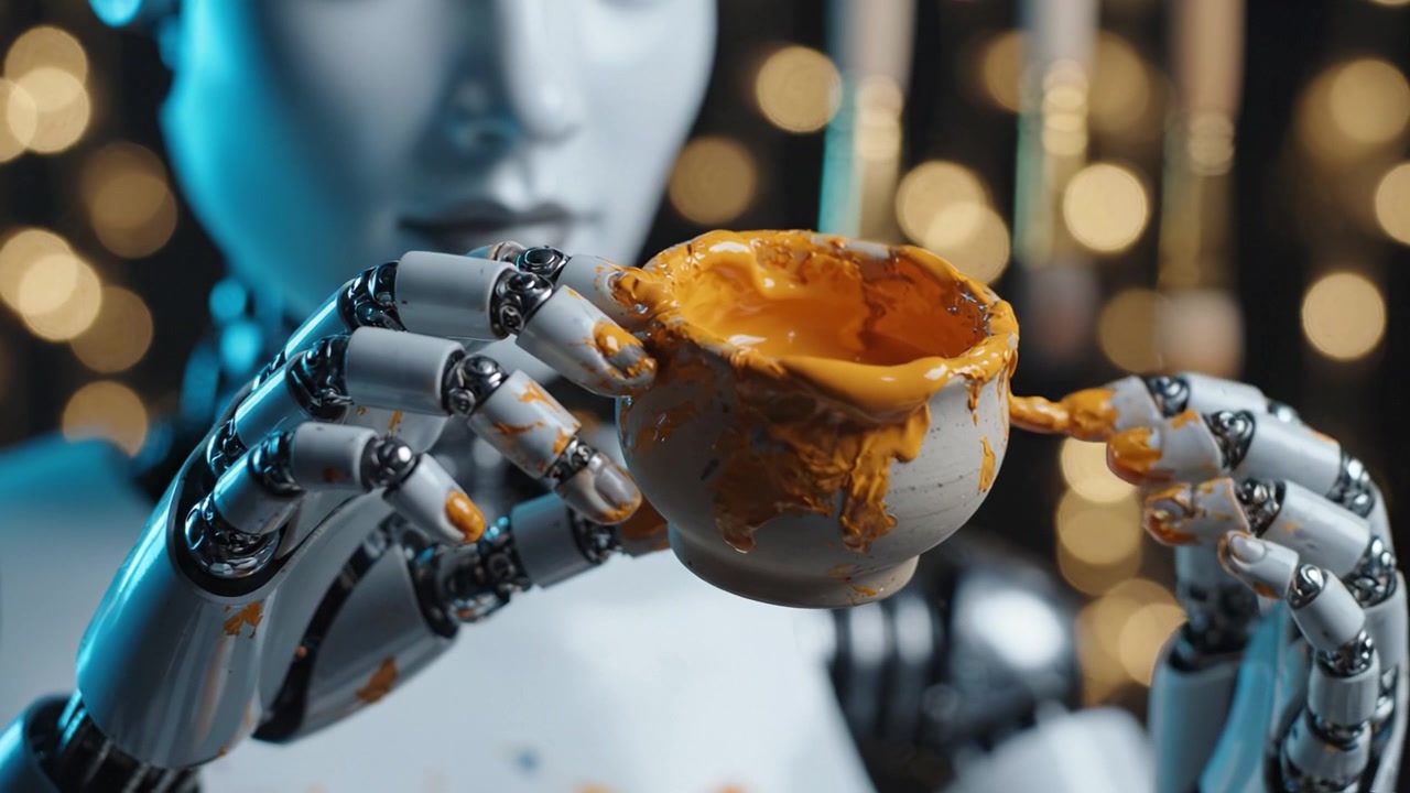 A Futuristic Robot Holding a Bowl of Vibrant Sauce, Illuminated by a Stunning Bokeh Background, Capturing the Essence of Advanced Technology and Creativity