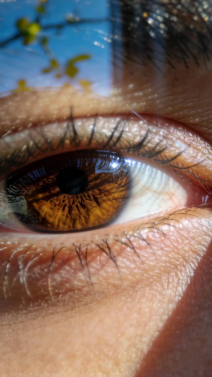 Video verticale: Occhio che reagisce al sole, con la pupilla che si restringe e batte le palpebre, accanto a una finestra che mostra il riflesso di una foglia.