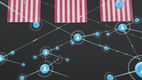 network of connections and data processing animation over american flags