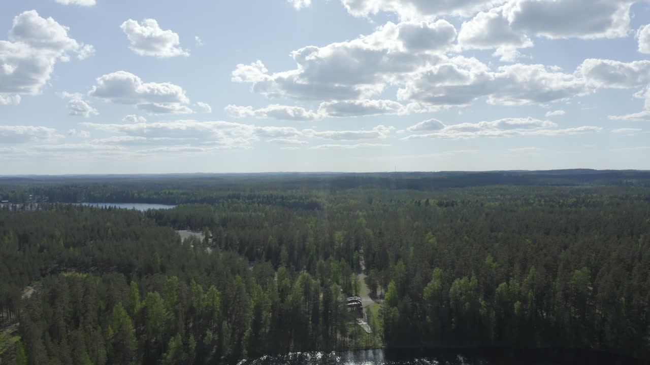 Camping Evo, Finland. Drone view with sunshine flares.