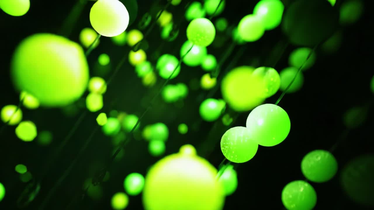 An enchanting display of vibrant green orbs suspended in a dark environment, interspersed with glistening droplets, creating a mesmerizing visual experience reminiscent of a dreamlike atmosphere