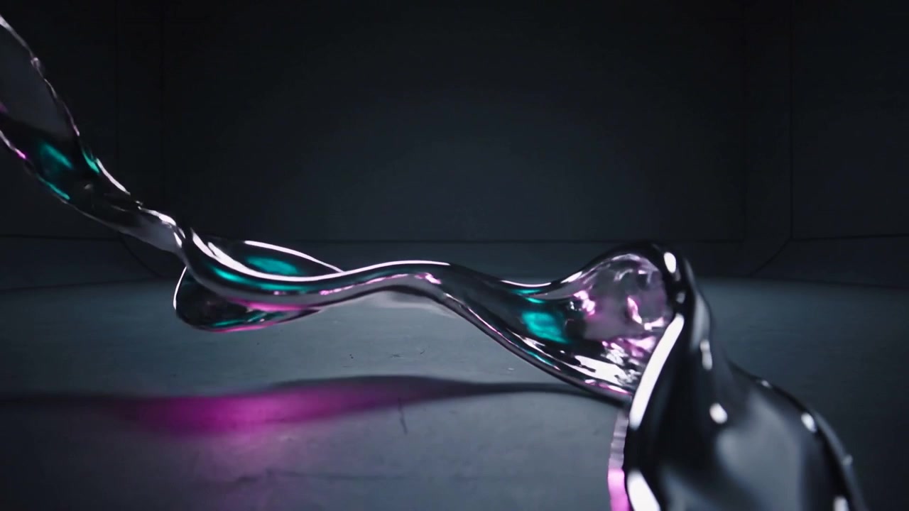 Releasing from above, metallic ribbon uncoiling and sweeping across studio floor, teal magenta glow
