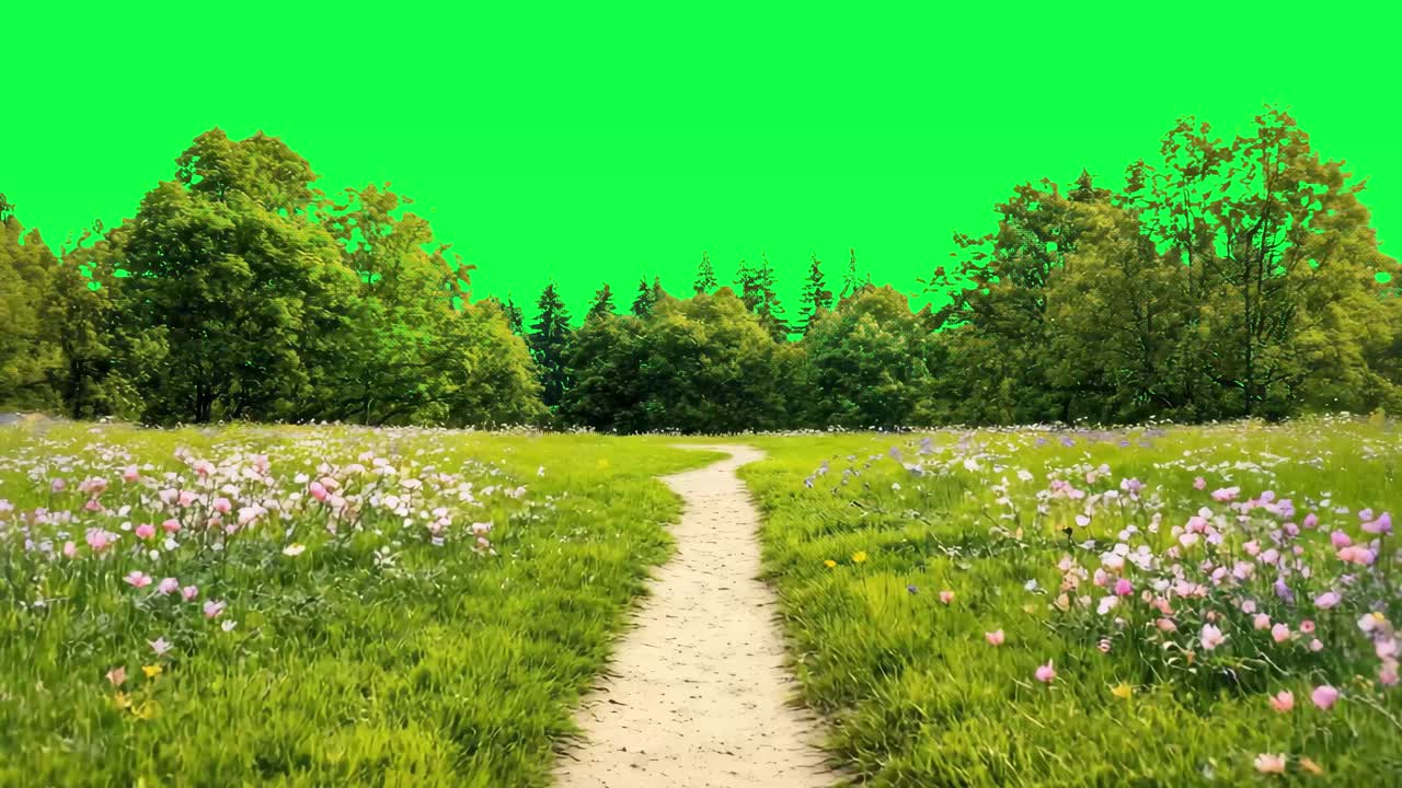 Vibrant meadow path greenery animation, transparent 4K video, green ...