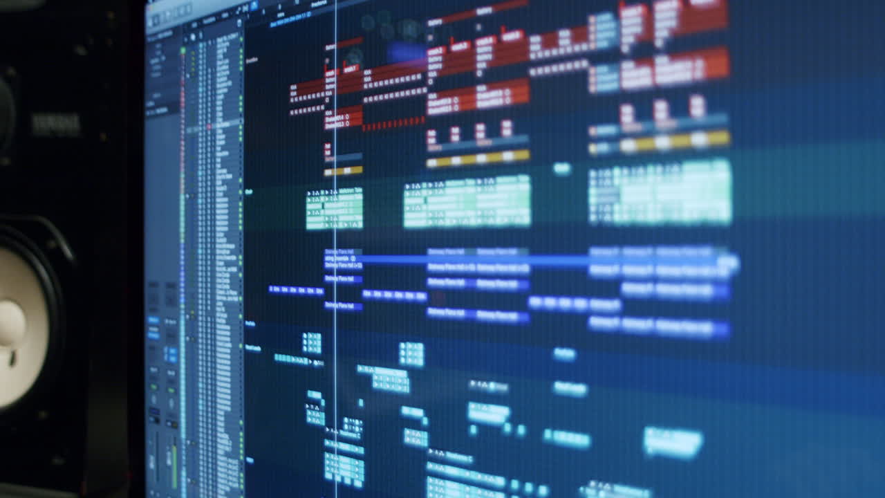 Music production setup with speaker and DAW on computer screen