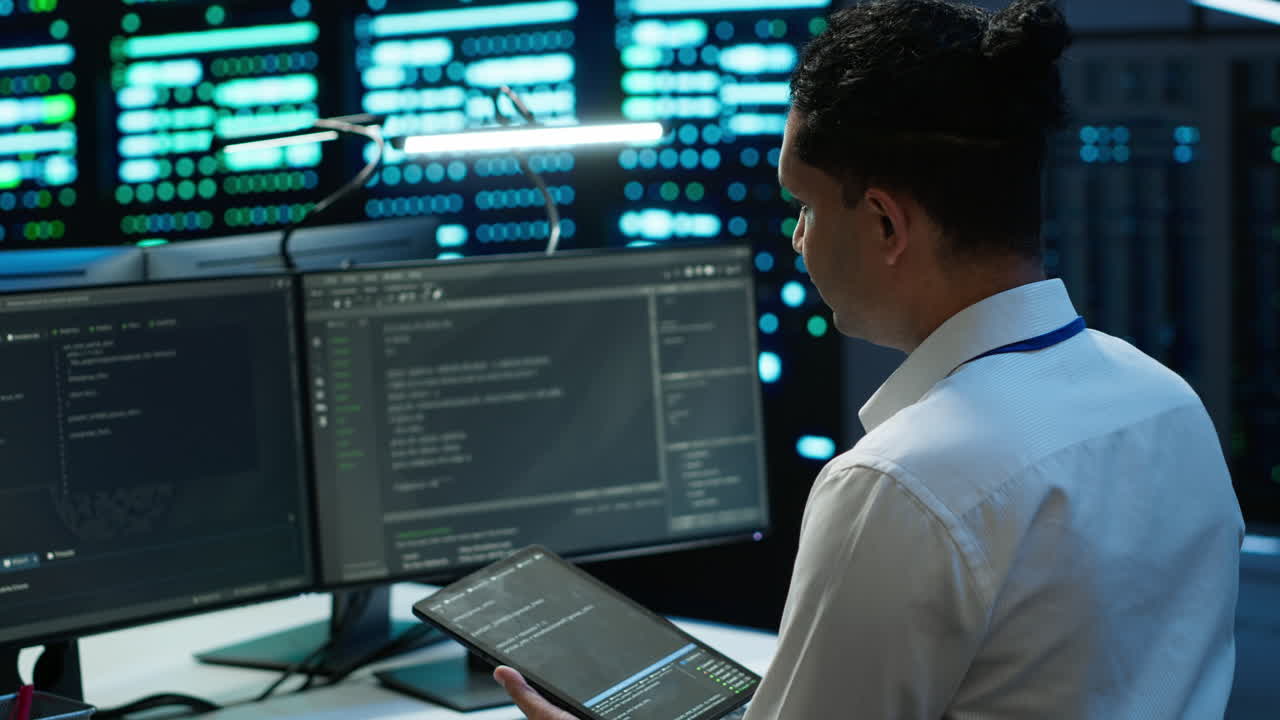 miembro del personal de it en el centro de servidores que establece puntos de referencia de rendimiento