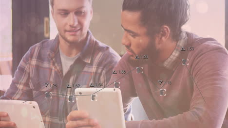 Discussing data on tablet, two men analyzing numerical animation in office