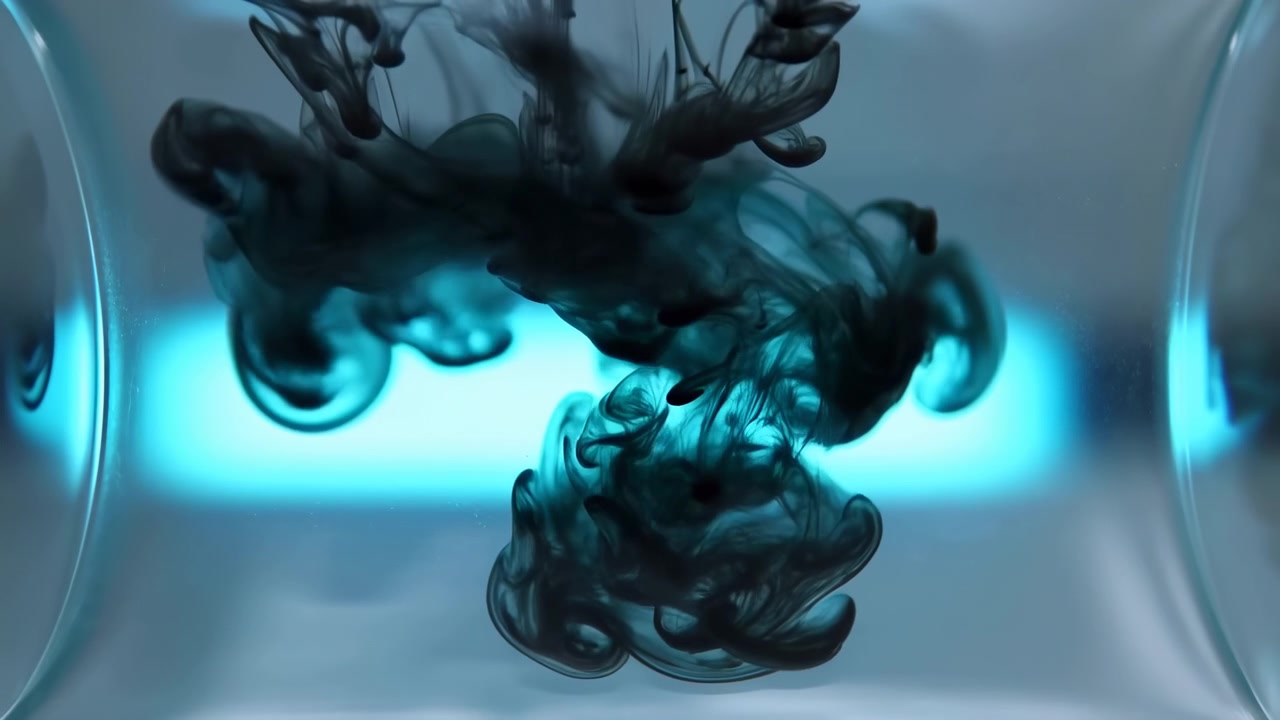 Abstract close-up of dark ink-like fluid moving downward into a clear container, creating swirling plumes and soft dispersion against a bright cyan glowing