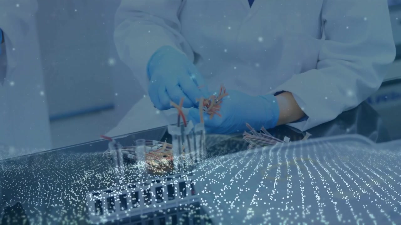 After data overlay, hands lifting wire bundles, inserting strands into metal rack, showing testing